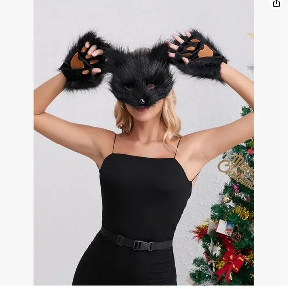 Furry Black Cat Costume with Mask,Tail and Fingerless Faux Fur Paw Gloves - Picture 2 of 8